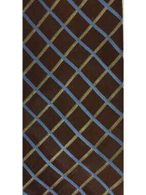 Claiborne Neck Tie Brown w Blue Green Check Pattern Silk 3.75 in Wide 57 in Long